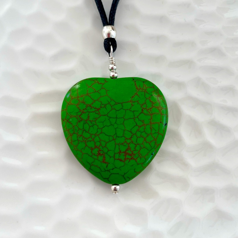 Handmade Apple Green Stone Heart Necklace on 18โ Cord - LAST ONE